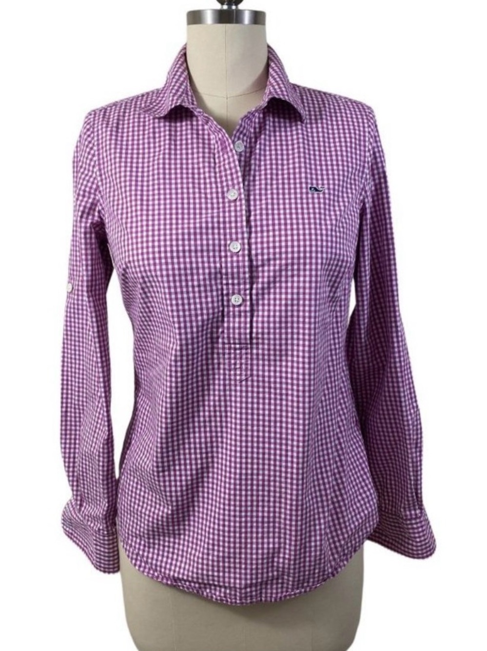 Vineyard Vines Women's Purple Gingham Plaid Popover Shirt, 100% Cotton. Size 8 - Picture 2 of 10